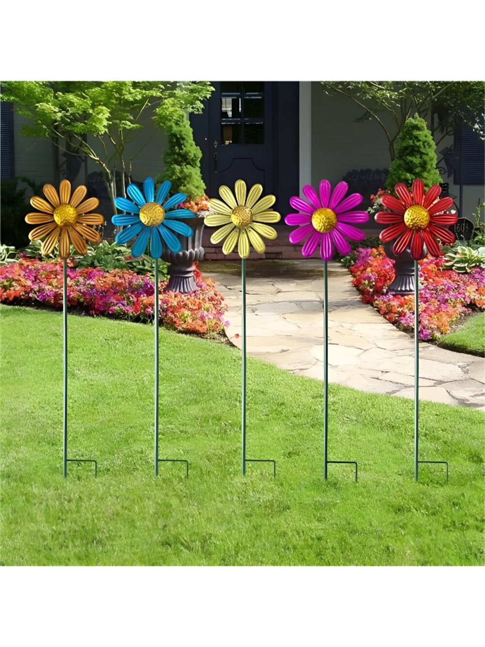 5pcs Wind Spinners Metal Colorful Flowers Garden Stake, Small Daisy Pinwheels